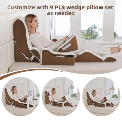 Wedge Pillow Set for After Surgery,White/Dark Brown,9PCS-23.2" - color: White/Dark Brown, size: 9PCS-23.2''