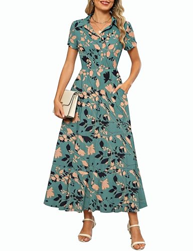 Kranda Women 2026 Summer Collared V Neck Short Sleeve Button Down Chiffon Long Tiered Floral Maxi Dress with Pockets - color: Aqua Green Leaf, size: X-Large