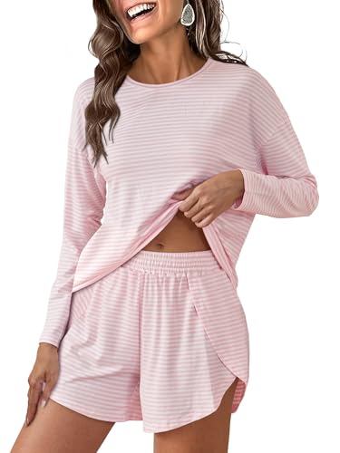 ANRABESS Womens Long Sleeve Striped Pajama 2 Piece Lounge Sets - color: Pink White, size: Medium