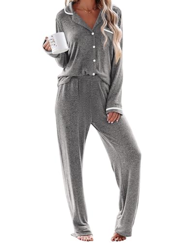 Ekouaer Womens Pajama Sets Long Sleeve Button Down 2 Piece Soft Pjs - color: Dark Grey, size: XX-Large