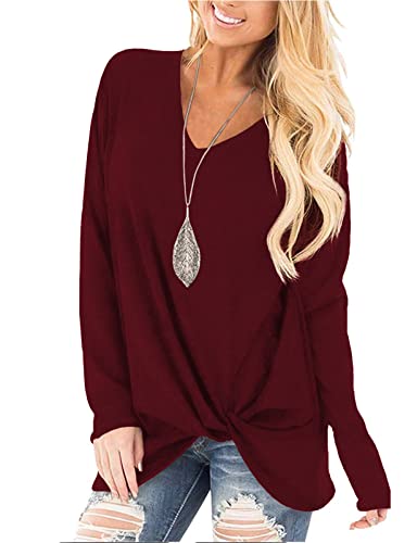 SimpleFun Womens Tops Long Sleeve Shirts V Neck Loose Twist Knot Fall Tunic - color: 02-wine Red, size: Medium