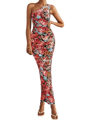 PRETTYGARDEN One Shoulder Maxi Dress Ruched Printed - color: Black Flower, size: Small
