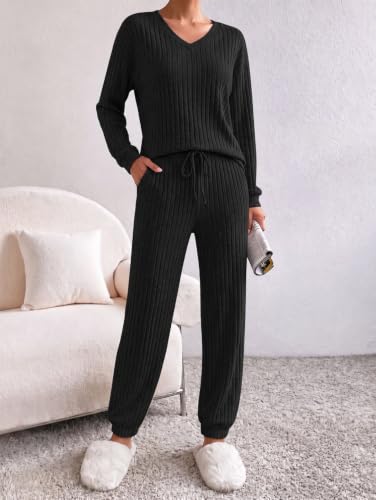 Ekouaer Lounge Sets for Women Long Sleeve Ribbed Knit Pajama Set - color: Black, size: Medium