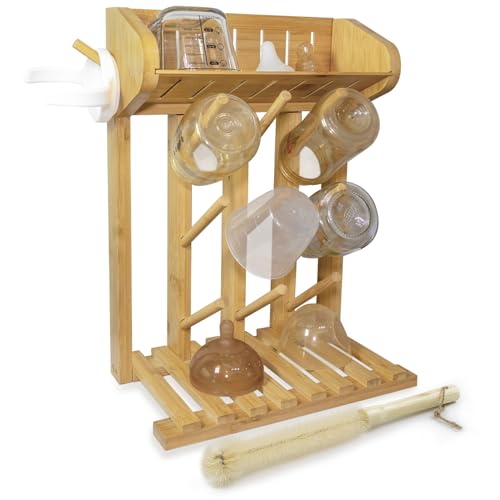 Baby Bottle Drying Rack Space Saving Countertop Vertical Rack with Brushes Holder (Bamboo) - color: Bamboo