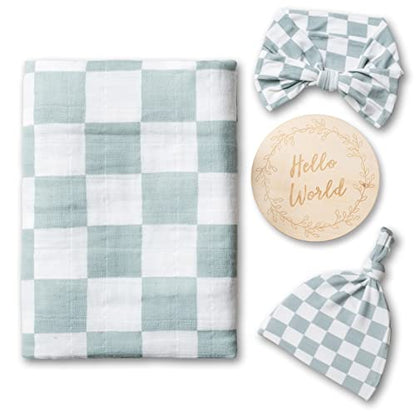 Miaoberry 100% Organic Muslin Swaddle Set| Sage Green Checkered - color: Checker Sage