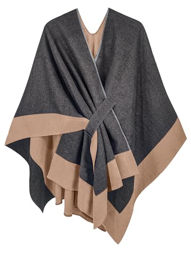 Moss Rose Women Shawl Wrap Poncho Open Front Cardigan Shawl for Fall Winter - color: Grey+camel 2, size: One Size
