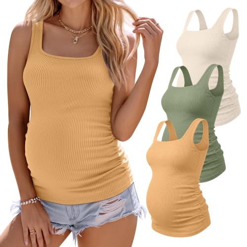 3 Pack Maternity Tank Tops Pregnancy Shirts - color: Ginger Yellow, Sage Green, Apricot, size: Small