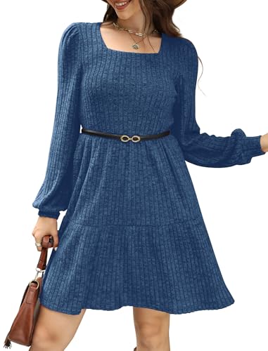 Sampeel Womens Square Neck Long Sleeve Fall Dresses Casual Babydoll Sweater Dress - color: Blue, size: Medium