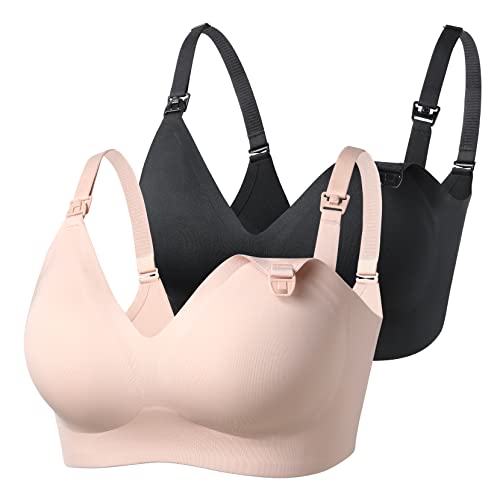 Momcozy Nursing Bras for Breastfeeding YN21 Seamless Comfort Maternity Bra - color: 2 Pack-black,beige, size: Medium