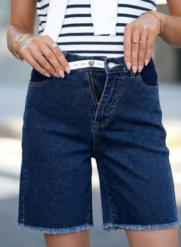 BLENCOT Maternity Jeans Bermuda Shorts Elastic Waist Raw Hem - color: Dusk Blue, size: Medium