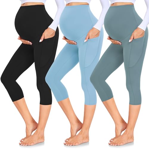 GROTEEN 3 Pack Maternity Leggings with Pockets Over Belly Yoga Pants - color: 04-black/Light Blue/Turquoise Blue, size: X-Large