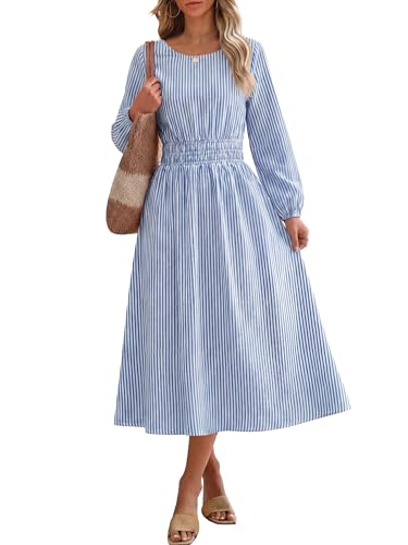 ANRABESS Women's Long Sleeve Striped Fall Midi Dress with Pockets - color: Blue White Stripe, size: Small
