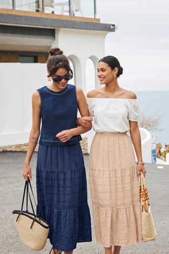 BLENCOT Women's Boho Tiered High Waisted Cotton Long Flowy Skirt - color: Apricot, size: Medium