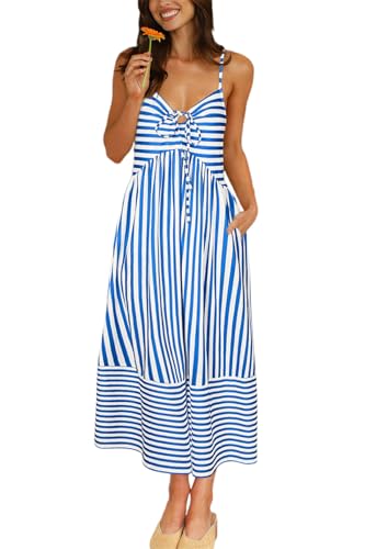 Fashionme 2026 Women Summer Boho Maxi Dresses Vacation Beach with Pockets - color: Blue White, size: Large
