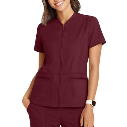 Oakgarden Womens Scrub Top Short Sleeve Nurse Shirts - color: Wine Red, size: Medium