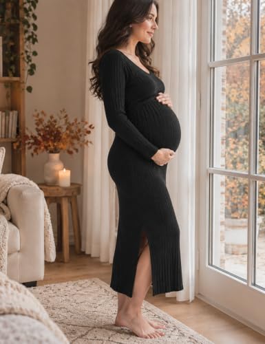 LAHILO Long Sleeve Maternity Sweater Dress for Fall Winter Baby Shower - color: Black, size: Large