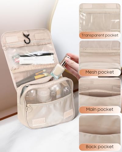 FINPAC Toiletry Bag, Large Capacity Hanging Makeup Bag - color: Beige