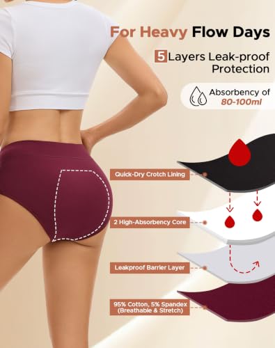 INNERSY Women's Period Underwear Heavy Flow Leakproof Panties,Wine,L - color: Wine, size: Large