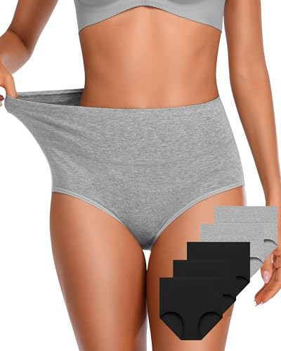 OUENZ Womens Underwear Cotton High Waisted Panties Full Coverage Postpartum Briefs Soft Stretch Ladies Underpants Multi Pack - color: Black and Grey, size: X-Large