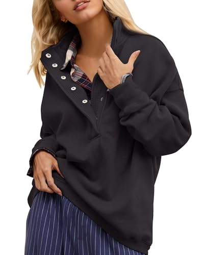 Gacaky Sweatshirt for Women Oversized Henley Neck Pullover Top Fall Outfits - color: Black, size: Medium