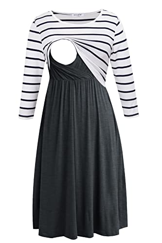 Smallshow Women's 3/4 Sleeve Maternity Nursing Dress for Breastfeeding - color: White Stripe-deep Grey, size: Large