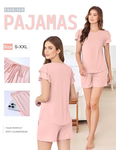 Ekouaer Womens Pajama Sets 2 Piece Ruffle Sleeves Top and Shorts Pjs - color: Light Pink, size: Small