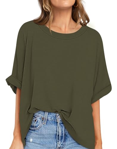UEU Women's Oversized Crewneck T-Shirt Casual Loose Tunic Tops - color: Army Green, size: Medium