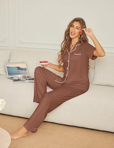 Ekouaer Womens Pajama Sets Button Down Lounge Sets 2 Piece Short Sleeve Pjs - color: Brown, size: Small