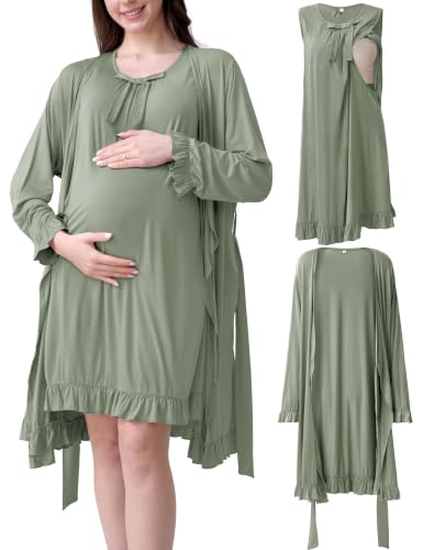Maternity Nursing Gown & Robe Set, Ruffle Hospital Loungewear - color: Sage Green, size: Large