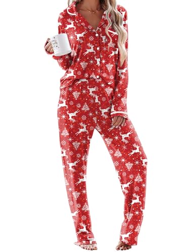 Ekouaer Womens Pajama Sets Long Sleeve Button Down 2 Piece Soft Pjs - color: Christmas Red, size: Small