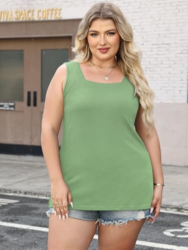 3 Pack Women Plus Size Tank Tops Basic Square Neck Sleeveless Tees - color: Black Redwood Lightgreen, size: Medium