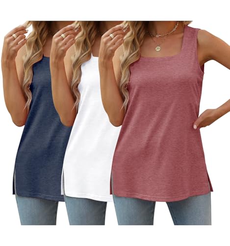 3 Pack Women Plus Size Tank Tops Basic Square Neck Sleeveless Tees - color: White Rose Navy, size: Medium