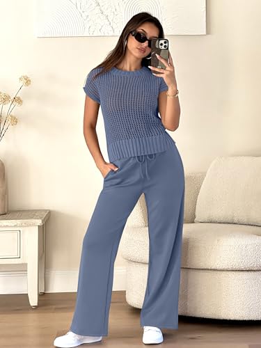 ANRABESS Women Two Piece Outfits Crochet Lounge Matching Travel Sets - color: Deep Blue, size: Large