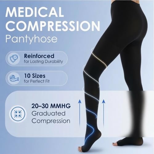 ABSOLUTE SUPPORT Compression Pantyhose 20-30mmHg, Opaque, Black, Large - color: Black, size: Large