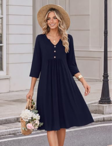 Zeagoo Womens Dresses 3/4 Sleeve Casual Fall A Line Midi Dress with Pockets - color: Navy Blue, size: Small