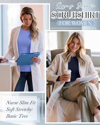 4 Pack Womens Crew Neck Long Sleeve Underscrub Shirts - color: Black, White, Navy Blue, Ceil Blue, size: Large