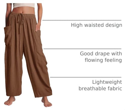 Flygo Women's Flowy Drawstring Wide Leg Pants with Side Pockets - color: Brown, size: XX-Large