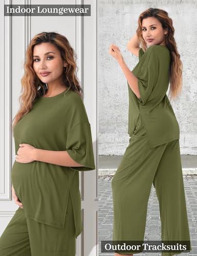 Maternity Lounge Set, 2 Piece Matching Set with Wide Leg Pants - color: Dark Green, size: Large