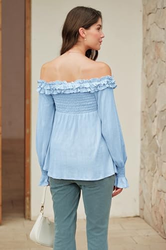 OUGES Womens Cotton Blend Off The Shoulder Maternity Tops Smocked Ruffle Sleeve Blouse Going Out Pregnancy Shirts 2025 - color: Light Blue, size: Small