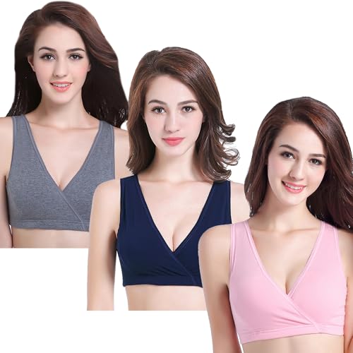 CAKYE 3 Pack Maternity Nursing Sleep Bra Breastfeeding Cotton Bralette - color: Deep Grey/Navy/Pink, size: X-Large