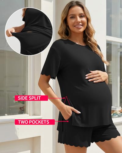 Charmo Two Piece Short Sets Women Scalloped Summer Maternity Outfits 2026 - color: Black, size: Medium