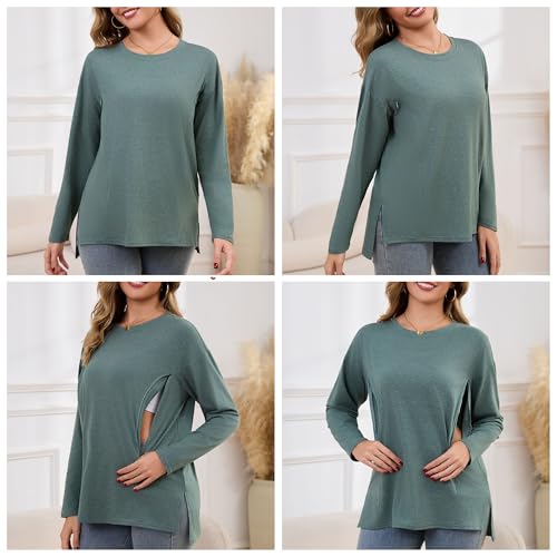 Women's Nursing Shirts Long Sleeve with Hidden Zipper Oversized Breastfeeding Tops Side Split Maternity Blouse - color: Heather Green, size: Medium