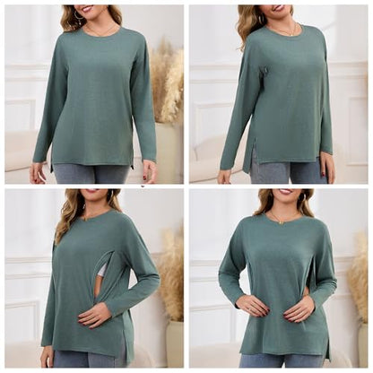 Women's Nursing Shirts Long Sleeve with Hidden Zipper Oversized Breastfeeding Tops Side Split Maternity Blouse - color: Heather Green, size: Medium