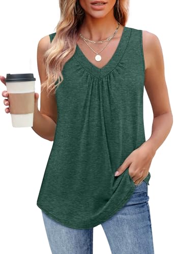 OFEEFAN Tank Top for Women Loose Fit Sleeveless Shirts V Neck Summer Clothes Ruched Women's Tees and Tanks Curved Hem - color: Green, size: Small