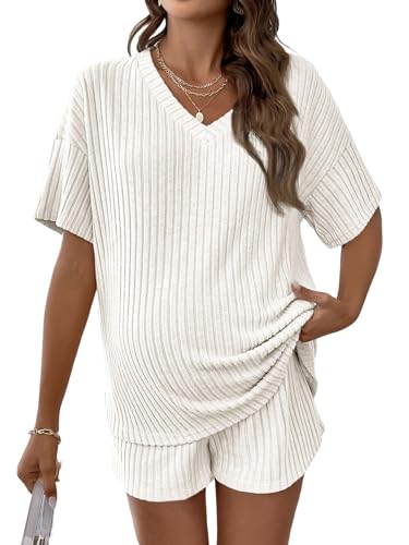 MakeMeChic Women's Maternity 2 Piece Sets Ribbed Shirt and Biker Shorts - color: White, size: X-Small