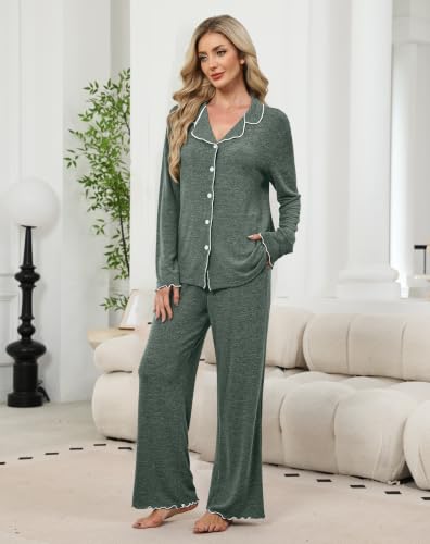 WIHOLL Women's Pajamas Sets Cute Ruffle Long Sleeve Button Up 2 Piece Pjs - color: Green, size: Medium