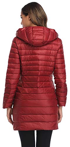 Obosoyo Women's Winter Packable Down Jacket Plus Size Ultralight Long Down Outerwear Puffer Jacket Hooded Coat - color: Winered, size: Small