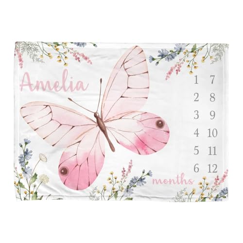 Pesonalized Month Blanket for Baby Pictures, Butterfly Monthly Milestone Throw, Wildflower Butterfly Personalized Girl Newborn Gift Growth Blanket's, Monthly Photo Throw, Newborn Girl - color: Butterfly Monthly