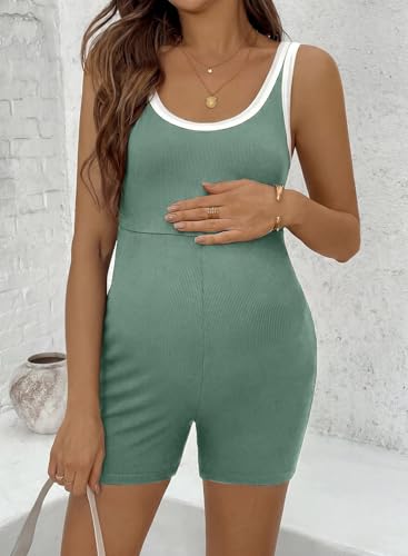 BLENCOT Maternity Stretchy Romper Summer Sleeveless Round Neck Jumpsuit - color: Light Green, size: Medium