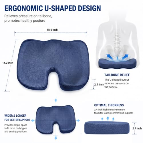Cooling Ergonomic Memory Foam Seat Cushion, Breathable Mesh Cover, Blue - color: Mesh Blue